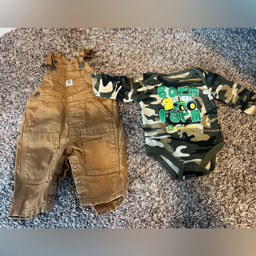 Carhartt Brown Overalls and Camouflage Onesie Set